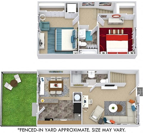 2 bedroom floorplan in 3D. L-shaped kitchen overlooking dining area, living room and full bath with shower on 1st floor. bedrooms and full bath on 2nd floor. stackable w/d in one bedroom. Fenced-in yard.